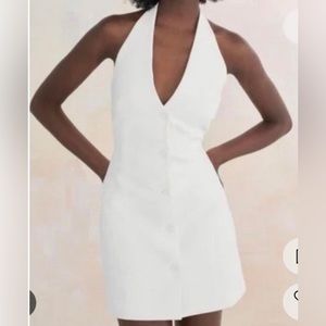 ZARA White Crepe Fully Lined Lapel Tuxedo Halter Dress